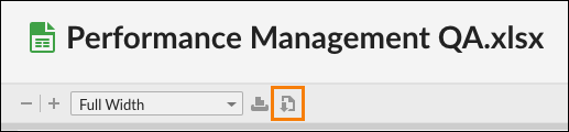 Screenshot of an Excel file preview titled “Performance Management QA.xlsx” with an orange highlight around the download icon in the top left corner of the preview toolbar, indicating how to download goal attachments.